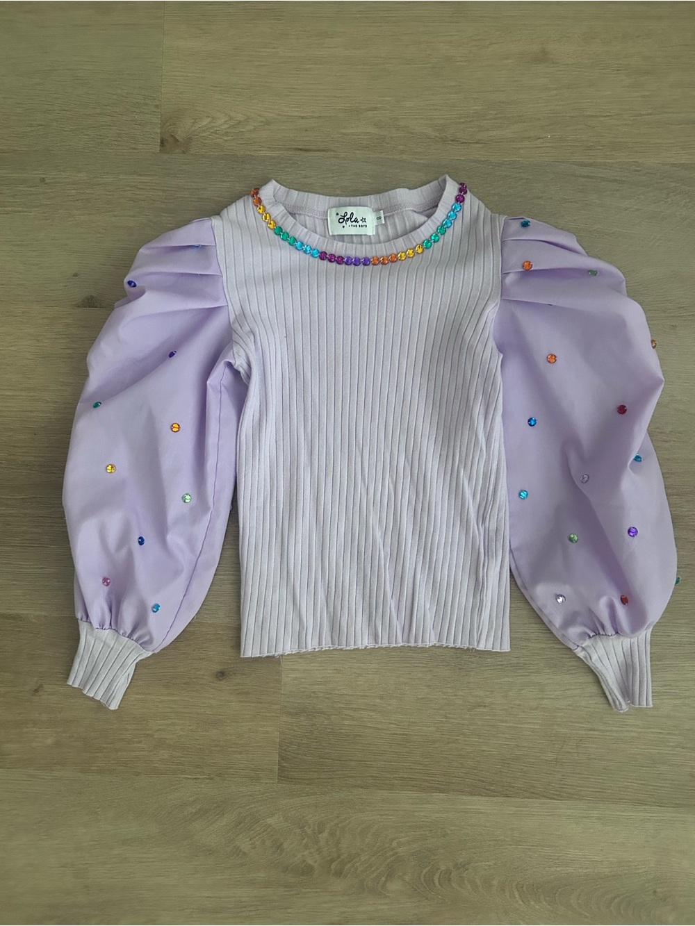 Lola + The Boys Gem Queen Puff Sleeve Top Lavender Rainbow Gems Sz 8